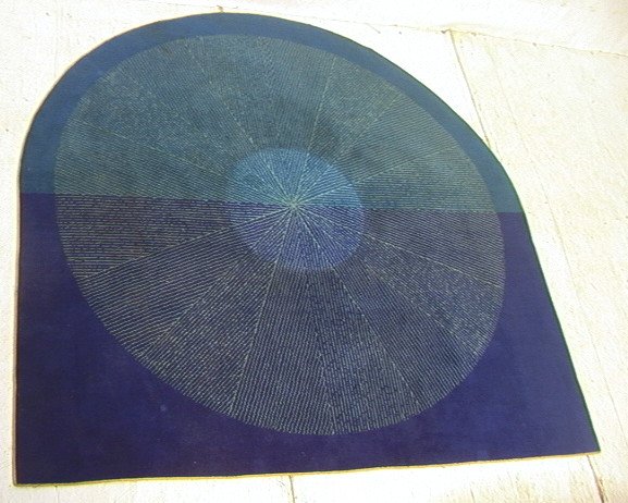 Half Oval 70's Modern Carpet Rug. Two Tone Blue w: Half Oval 70's Modern Carpet Rug. Two Tone Blue with circle design of radiating green lines-- Dimensions: H: 88 inches: W: 887 inches ---