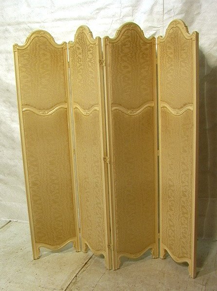 Four Panel Room Divider Dressing Screen. French s: Four Panel Room Divider Dressing Screen. French style screen with cream paint finish. One side has cream damask fabric. Reverse has faux leather. -- Dimensions: H: 83 inches: L: 72 inches ---