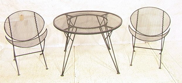 3 PCS SALTERINI Iron Cafe Set. Round Table with 2: 3 PCS SALTERINI Iron Cafe Set. Round Table with 2 Bikini Chairs. Maurizio Tempestini for Salterini.-- Dimensions: H: 27.25 inches: W: 23 inches: D: 24 inches ---