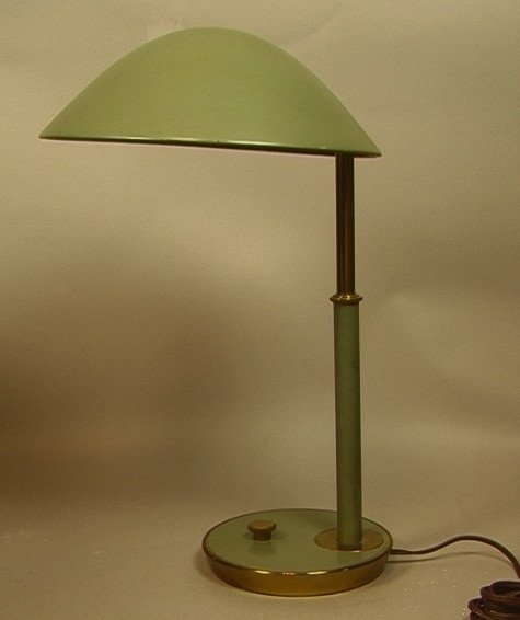 Modernist Green Enamel Brass Table Desk Lamp. Dom: Modernist Green Enamel Brass Table Desk Lamp. Domed Shade. STIFFEL label. -- Dimensions: H: 20 inches: W: 11.5 inches ---