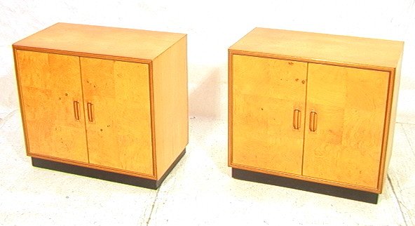 Pr HENREDON Blond Wood 2 Door Cabinets Chests. Bu: Pr HENREDON Blond Wood 2 Door Cabinets Chests. Burl olive wood veneer block front. Decorative handles with multi wood laminate construction. Interior shelf. Model #1542. Marked.-- Dimensions: H: 28.75