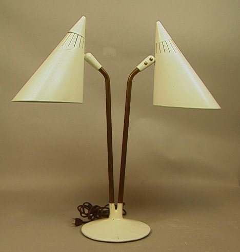 LIGHTOLIER Modern Two Shade Table Lamp. White ena: LIGHTOLIER Modern Two Shade Table Lamp. White enamel cone shades on metal arms and round white metal base. Unmarked. -- Dimensions: H: 22 inches: W: 19 inches: D: 7 inches ---