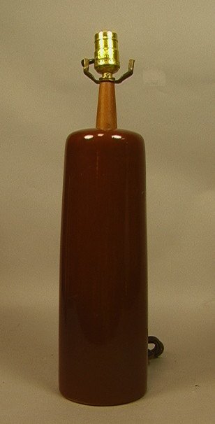 Tall Brown High Glaze Pottery MARTZ Lamp. Cylindr: Tall Brown High Glaze Pottery MARTZ Lamp. Cylindrical brown ceramic table lamp. Walnut top. Signed.-- Dimensions: H: 20 inches ---