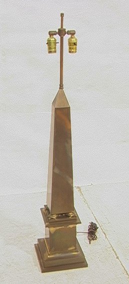 Tall Decorator Antiqued Brass Obelisk Lamp. Squar: Tall Decorator Antiqued Brass Obelisk Lamp. Square base with turtle supports. Unmarked.-- Dimensions: H: 42.25 inches: W: 8 inches: D: 8 inches ---