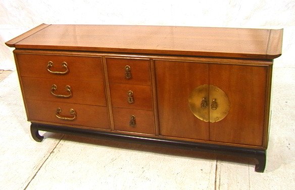 KENT COFFEY Credenza. Asian Inspired Chest Server: KENT COFFEY Credenza. Asian Inspired Chest Server. Six drawers. Two doors. Decorative heavy brass Asian hardware. Branded: Kent Coffey The Amerasia-- Dimensions: H: 33 inches: D: 20 inches: L: 74 inch