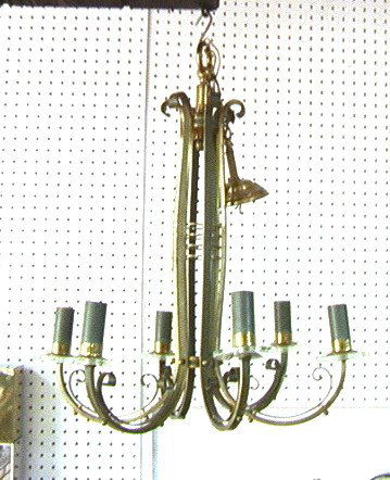 Sculptural French Brass Chandelier ANDRE ARBUS st: Sculptural French Brass Chandelier ANDRE ARBUS style. Brass rods with green highlights. Six arm Hanging Light. Glass bobeches.-- Dimensions: H: 27 inches: W: 23 inches: D: 23 inches ---