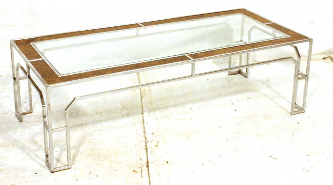 MILO BAUGHMAN Faux Burl Wood Chrome Coffee Table.: MILO BAUGHMAN Faux Burl Wood Chrome Coffee Table. Inset beveled glass top cocktail table.-- Dimensions: H: 16 inches: D: 24 inches: L: 54 inches ---