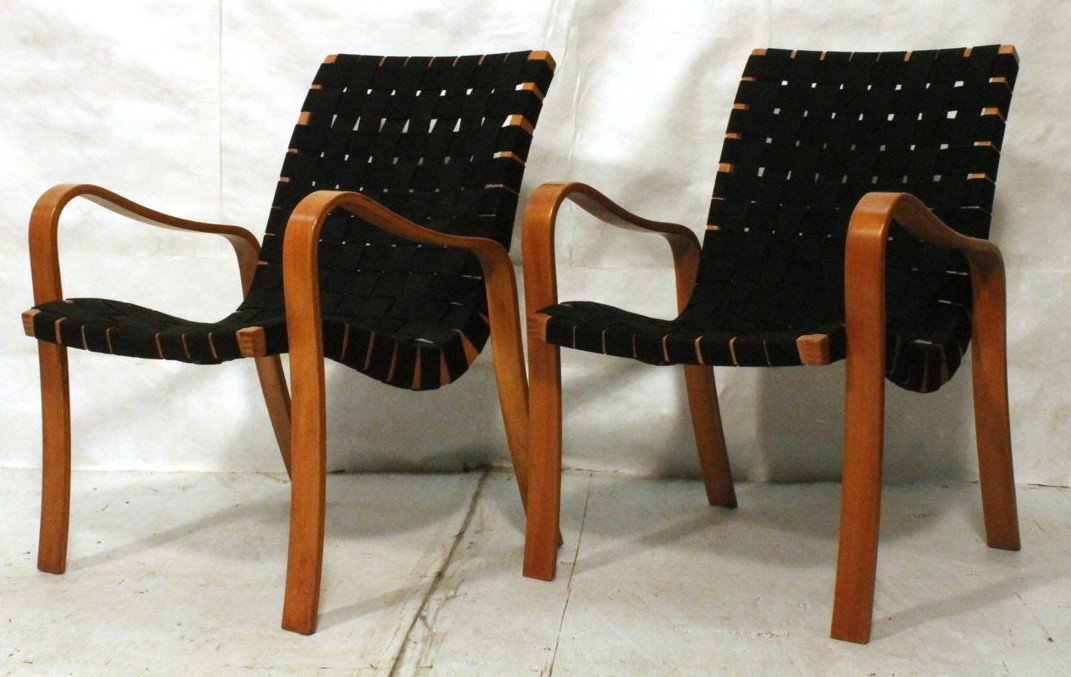 Pr THONET Side Chairs. Woven Black Straps on Lami: Pr THONET Side Chairs. Woven Black Straps on Laminate Wood Frame. 2 PCS.-- Dimensions: H: 34.5 inches: W: 24.5 inches: D: 28 inches ---