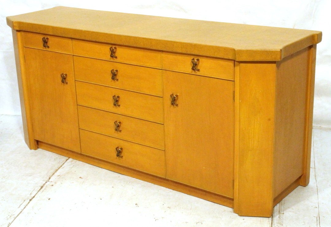 PAUL FRANKL Cork Top Sideboard Credenza. Light Wo: PAUL FRANKL Cork Top Sideboard Credenza. Light Wood. 'X' metal pulls. Marked.-- Dimensions: H: 32.5 inches: D: 21 inches: L: 72 inches ---