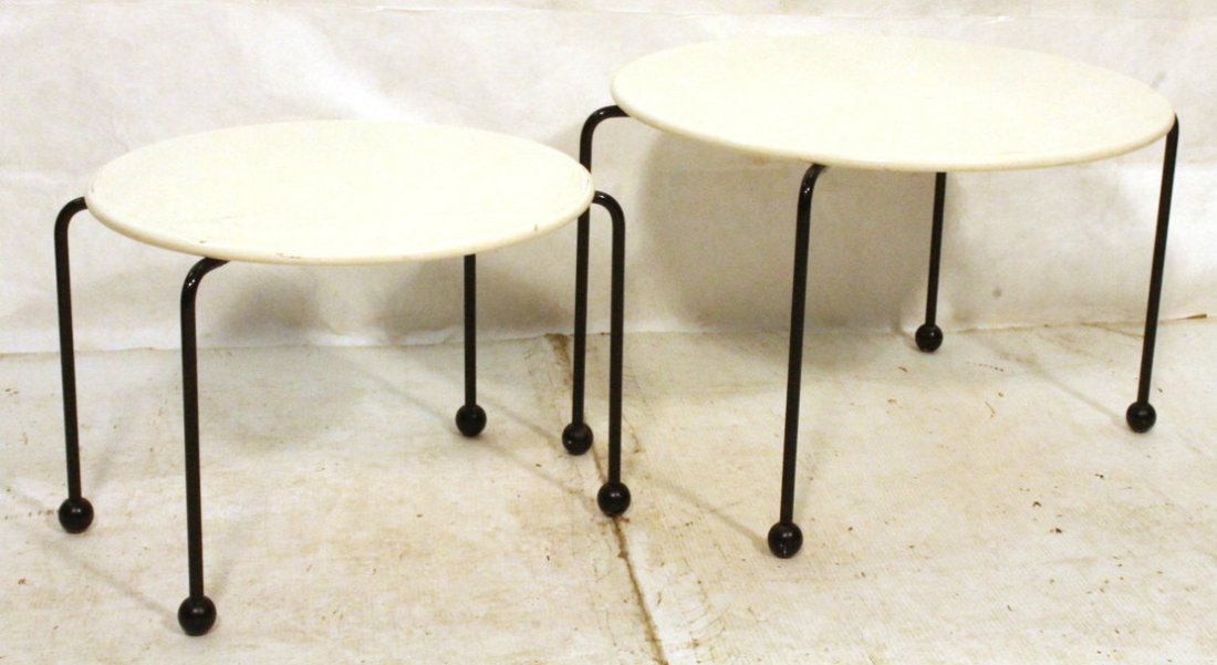Pr TONY PAUL style Nesting Tables. White Tops. Me: Pr TONY PAUL style Nesting Tables. White Tops. Metal legs with wood ball feet. Unmarked.-- Dimensions: H: 17.5 inches: W: 28 inches: D: 28.5 inches ---