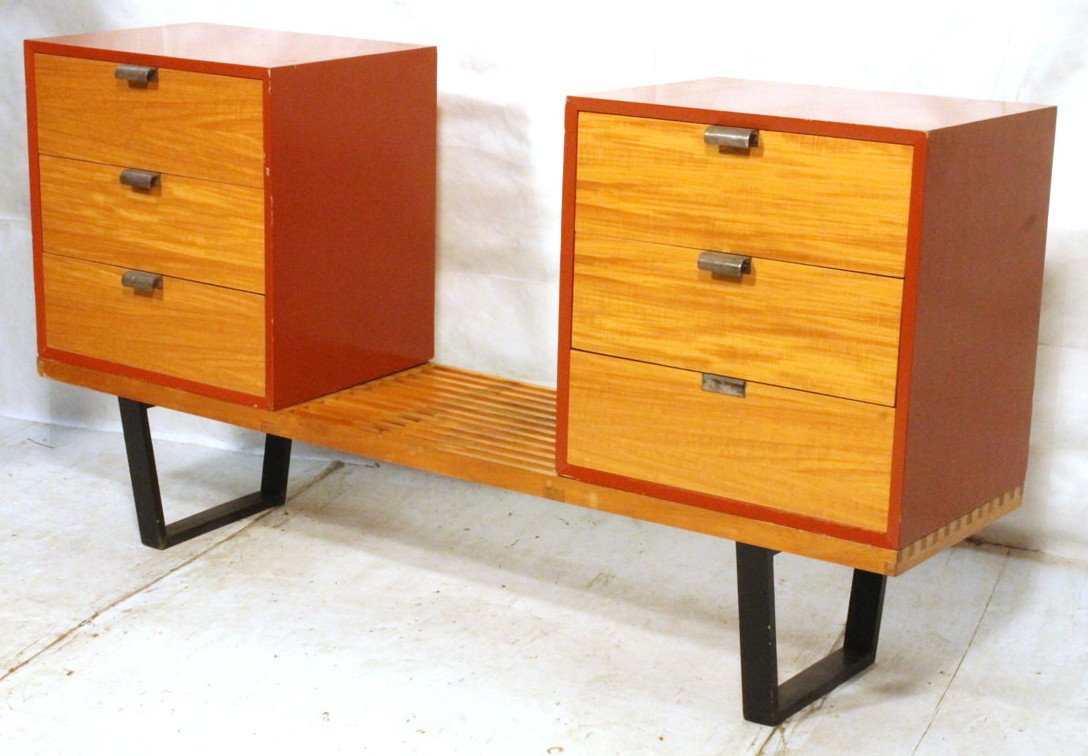 GEORGE NELSON Slat Bench with 2 Red Cabinets. Two: GEORGE NELSON Slat Bench with 2 Red Cabinets. Two Burnt Orange three drawer cabinets. Slat bench with ebonized legs. -- Dimensions: H: 37.5 inches: D: 9 inches: L: 72 inches ---