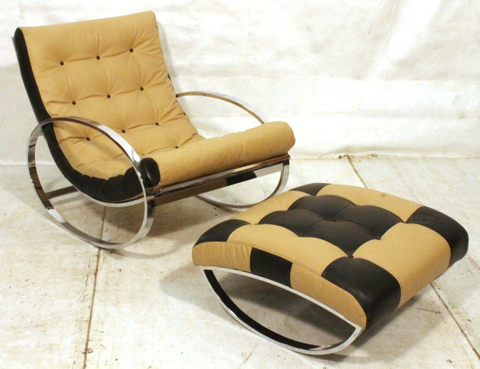 SELIG Rocking Chair Rocker & Ottoman. Chrome Rock: SELIG Rocking Chair Rocker & Ottoman. Chrome Rocker Frame. Beige & Black Leather Upholstery. Selig Tag.-- Dimensions: H: 33 inches: W: 28 inches: D: 39 inches ---