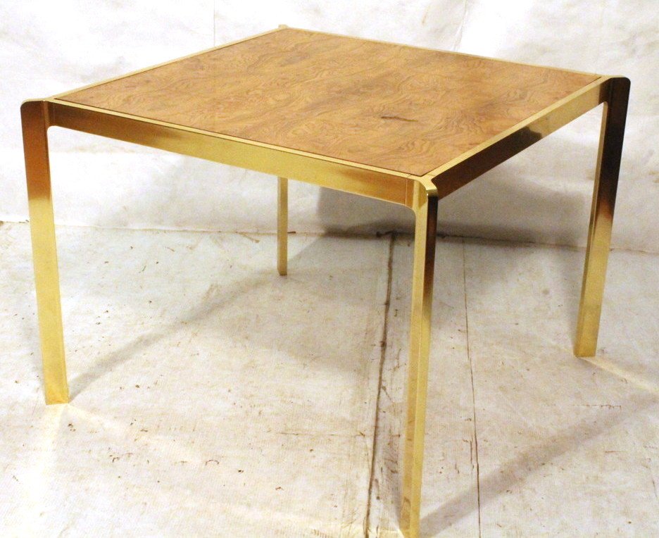 Burl Olive Wood Dining Game Table. Brass Frame. P: Burl Olive Wood Dining Game Table. Brass Frame. Probably by Directional. -- Dimensions: H: 28 inches: W: 38 inches: D: 38 inches ---