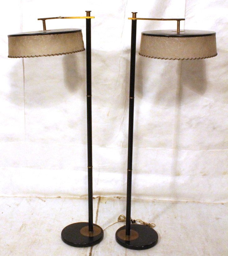 Pr 70's Modern KURT VERSEN Floor Lamps. Bla: Pr 70's Modern KURT VERSEN Floor Lamps. Black Metal Pole Lamps with Vellum Shades. Adjustable Shades can be used as Torchiere style or flipped downward. -- Dimensions: H: 63 inches: W: 16.5 inches: D: