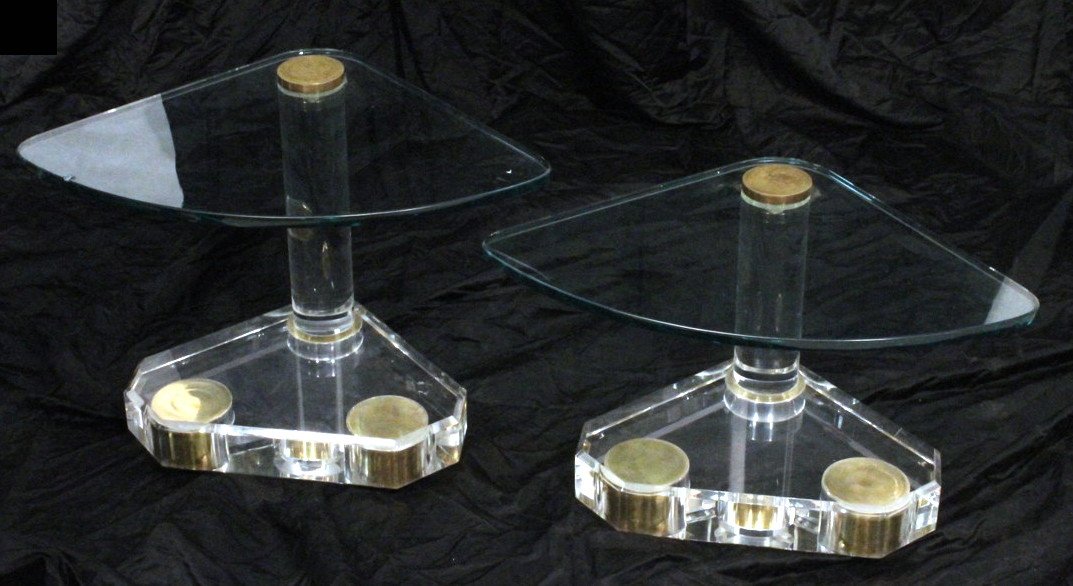 Pr Karl Springer style Cantilever Side Tables. 3/: Pr Karl Springer style Cantilever Side Tables. 3/4" thick glass Cantilever glass tops on 3.5' thick Lucite column. Thick Lucite beveled edge base. on casters. Tables are different heights-- Dimensions