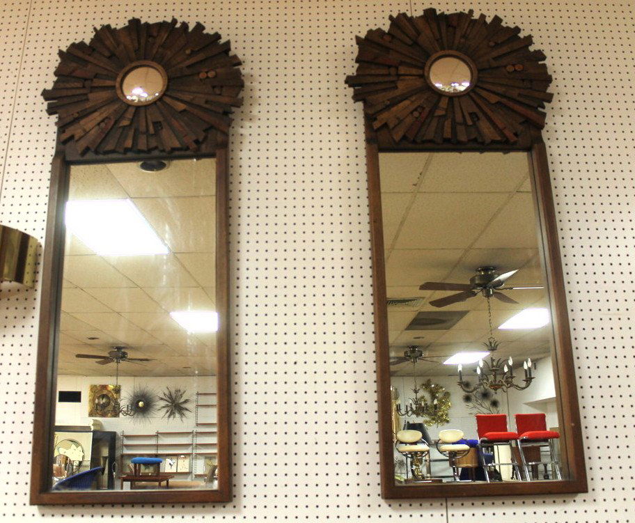 Pr PAUL EVANS style Carved Wood Starburst Wall Mi: Pr PAUL EVANS style Carved Wood Starburst Wall Mirrors. Vertical mirror with wood block star burst design. 2 PCS-- Dimensions: H: 54 inches: W: 20 inches ---