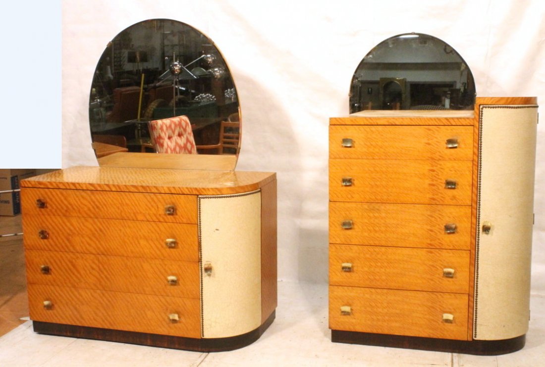 2 PCS GILBERT RODHE Dressers Chests. High, Low &: 2 PCS GILBERT RODHE Dressers Chests. High, Low & Mirrors. High Chest has 5 Drawers. Low chest has four drawers. Leather sides with studded trim. -- Dimensions: H: 95 inches: W: 40 inches: D: 23 inches