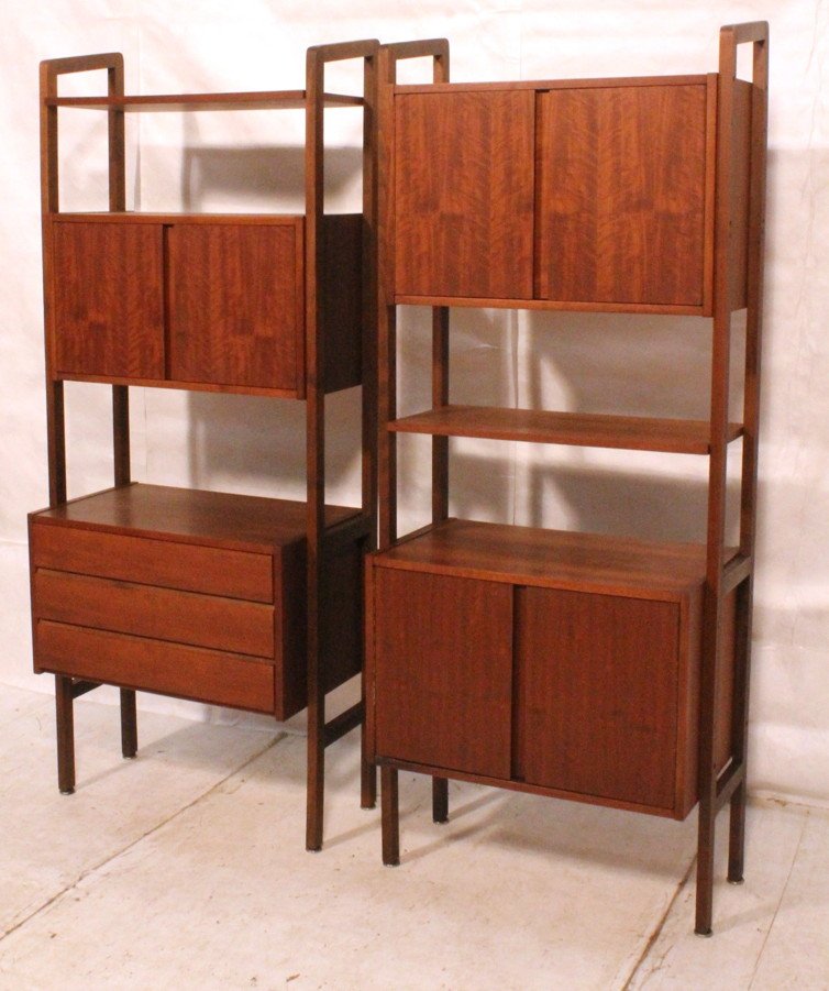 Two piece Wall Unit. American Modern Walnut. One: Two piece Wall Unit. American Modern Walnut. One has three drawers & two doors. One has (2) two door cabinets. -- Dimensions: H: 73 inches: W: 29.5 inches: D: 17 inches ---