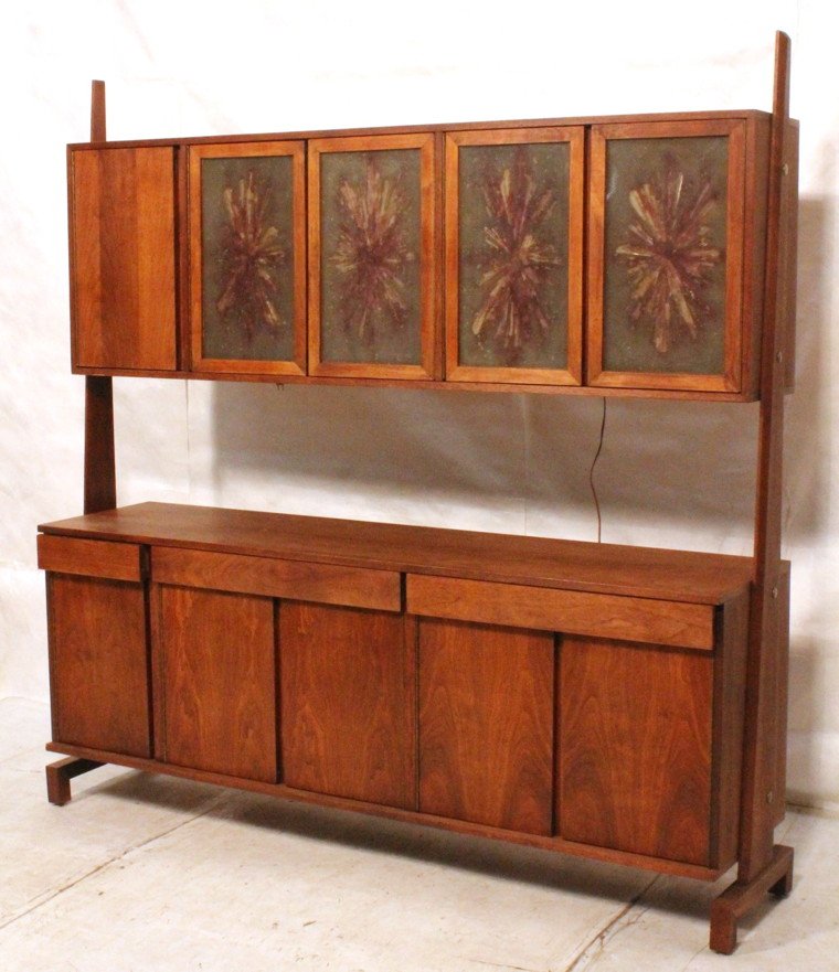 American Modern Credenza Wall Unit. Angled Side S: American Modern Credenza Wall Unit. Angled Side Supports. Four Cabinet doors with sculptural resin doors. Cabinets light up to enhance resin door design. Lower Cabinet has three drawers & five doors. 
