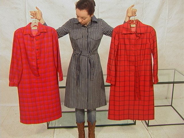 Lot 3 Vintace MARIMEKKO Shirt Dreses. Two Marimek: Lot 3 Vintace MARIMEKKO Shirt Dreses. Two Marimekko shirt dresses. 1). Blue & White Stripe. 2). MARIMEKKO Red with Blue & Black Windowpane Plaid Blocks. Both Marked MARIMEKKO. Dress has shirt collar,
