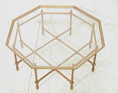 Brass & Glass Top BAKER Decorator Cocktail Table.: Brass & Glass Top BAKER Decorator Cocktail Table. Low coffee table with natural wood faux bamboo frame. Attribution. Unmarked-- Dimensions: H: 16 inches: W: 40 inches: D: 40 inches ---