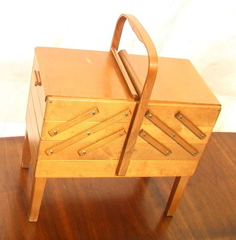 STROMMEN BRUH Beech Multi level Sewing Box. Norwa: STROMMEN BRUH Beech Multi level Sewing Box. Norway. 4 levels on legs. Marked.-- Dimensions: H: 21 inches: W: 20 inches: D: 11.5 inches ---