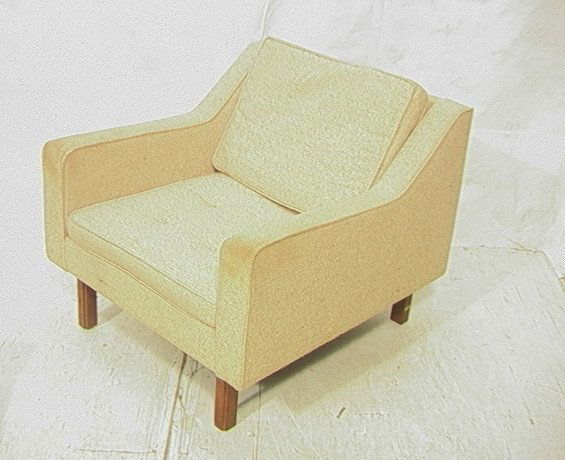 JENS RISOM Lounge Chair. Oatmeal Fabric Upholster: JENS RISOM Lounge Chair. Oatmeal Fabric Upholstery. Slanted Arms. Square Walnut Legs. Fabric label. -- Dimensions: H: 27 inches: W: 31.5 inches: D: 33 inches ---