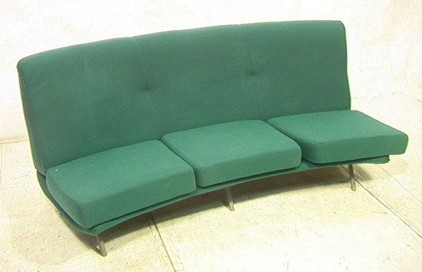 MARCO ZANUSO Large Green Italian Sofa Couch. Sli: MARCO ZANUSO Large Green Italian Sofa Couch. Slightly bowed form. Three loose seat cushions. Zanuso for ARFLEX. Labeled-- Dimensions: H: 32 inches: D: 29 inches: L: 78 inches ---