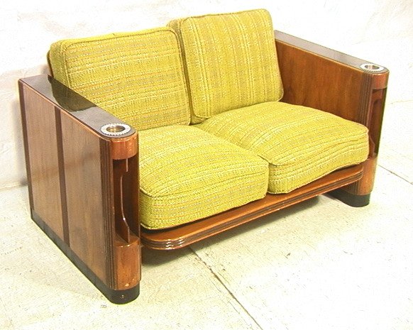Art Deco MODCRAFT Two Seater Sofa Couch. Ashtrays: Art Deco MODCRAFT Two Seater Sofa Couch. Ashtrays. Laminate top arms with inset personal ashtrays. Arms have magazine racks. Metal tag.-- Dimensions: H: 28.5 inches: D: 33.5 inches: L: 54.5 inches ---