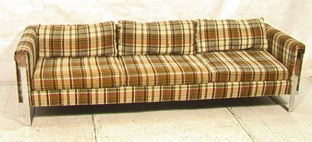 Large Plaid 70's Modern Sofa Couch. Flat Chrome l: Large Plaid 70's Modern Sofa Couch. Flat Chrome legs and accents on arms. -- Dimensions: H: 25 inches: D: 32 inches: L: 96 inches ---