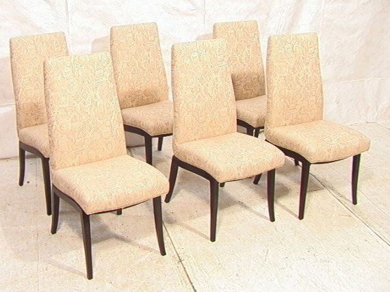Set 6 Dunbar style Dining Chairs. Square Dark Woo: Set 6 Dunbar style Dining Chairs. Square Dark Wood legs and frame. Light fabric upholstery. Unmarked. 6 PCS. -- Dimensions: H: 41.5 inches: W: 20 inches: D: 22 inches ---