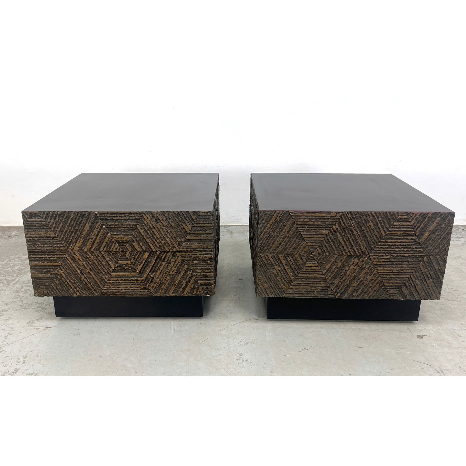 Pair Vintage Paul Evans Style Geometric Design Brass Skin Black Laminate Top Side Tables (1 of 11)