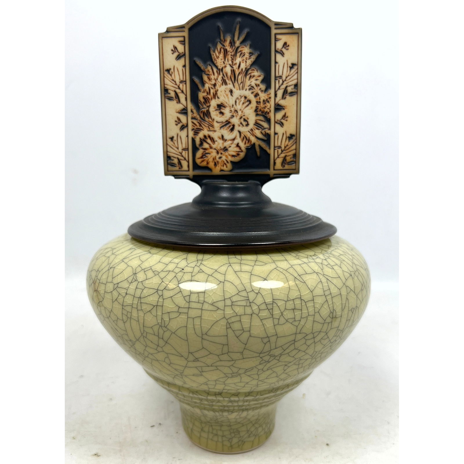 Andrew MacCorkindale Studio Pottery Lidded Vase Box. Floral decorated lid on Crackle Glaze Base. (1 of 12)
