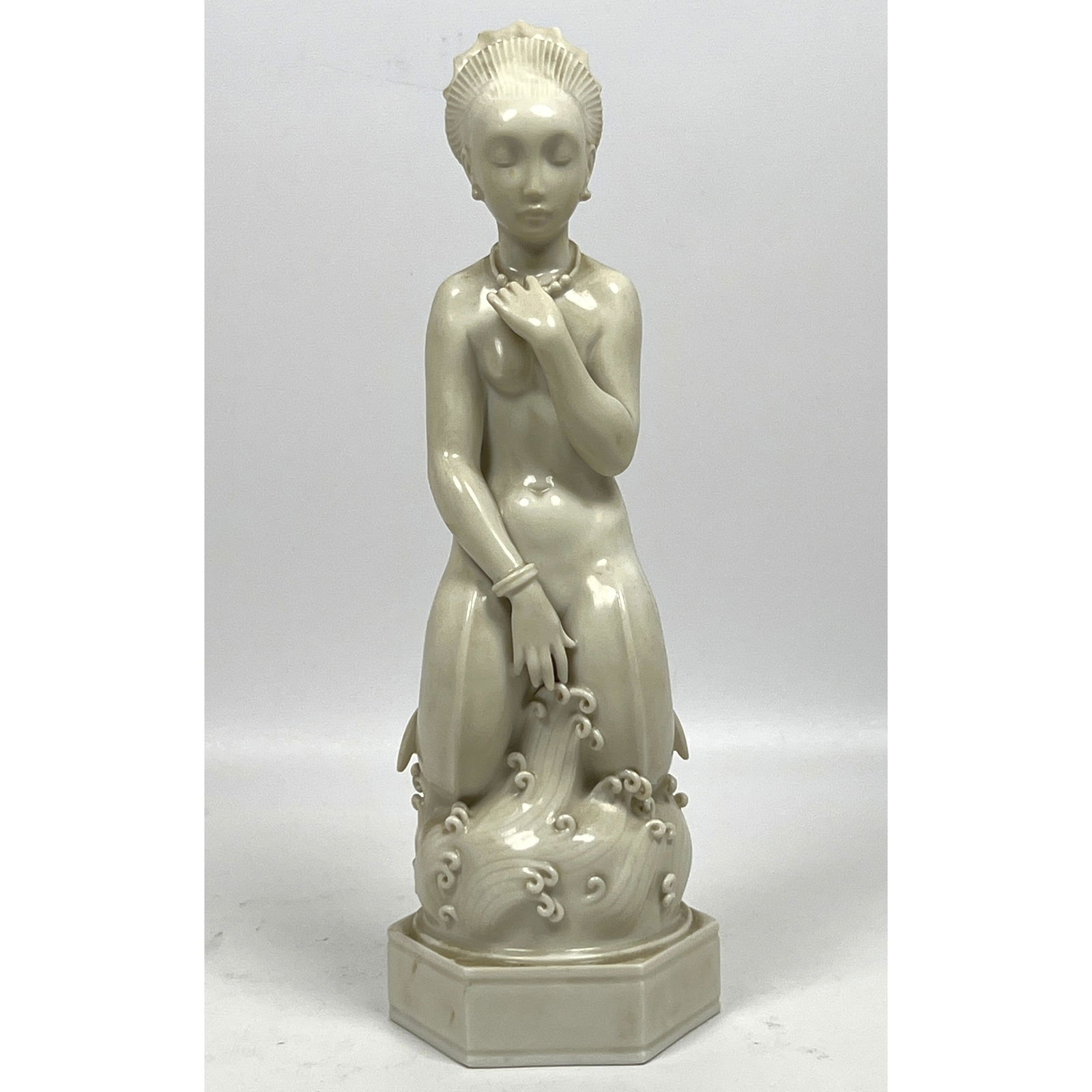 ROYAL COPENHAGEN Glazed Porcelain Sea Maiden, Mermaid on Waves. ARNO MALINSKI Figural Sculpture. Cla (1 of 11)