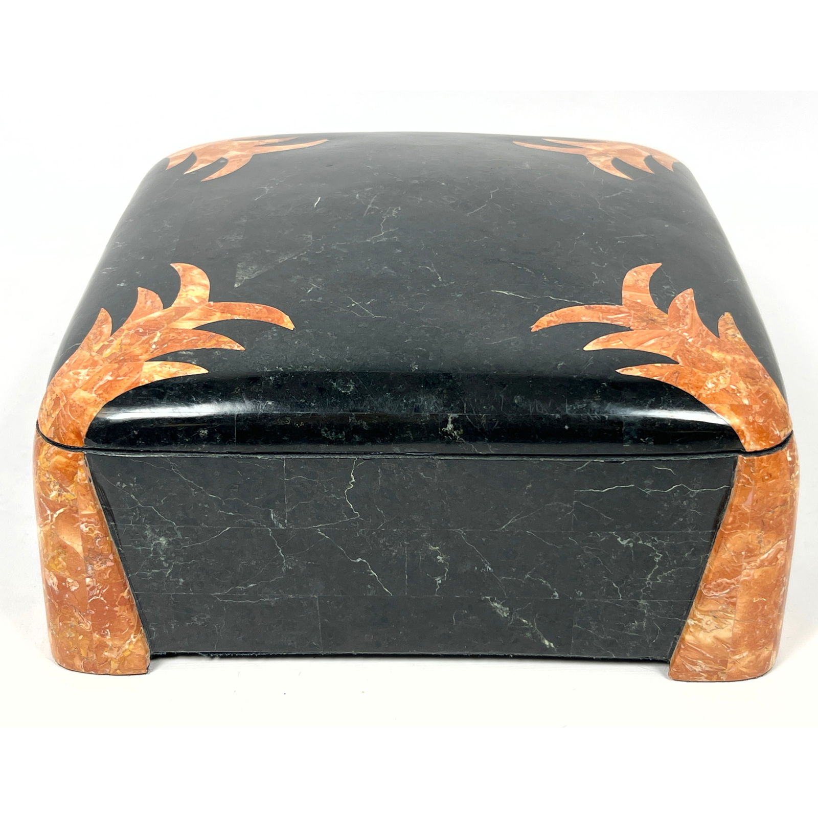 MAITLAND SMITH Attributed Inlaid Marble Dresser Top Box. Stylized Palm Tree Motif to Corners. Lined (1 of 10)