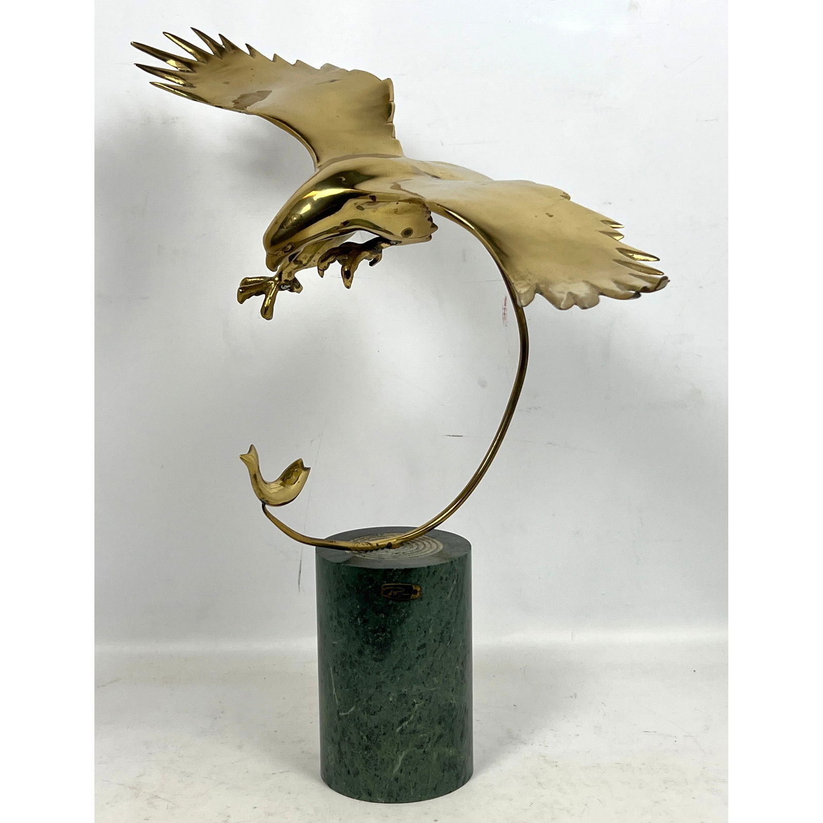 BIJAN Brass Modernist Sculpture. Eagle swoops down above fish prey. Black Stone Base. Bijan plaque. (1 of 10)
