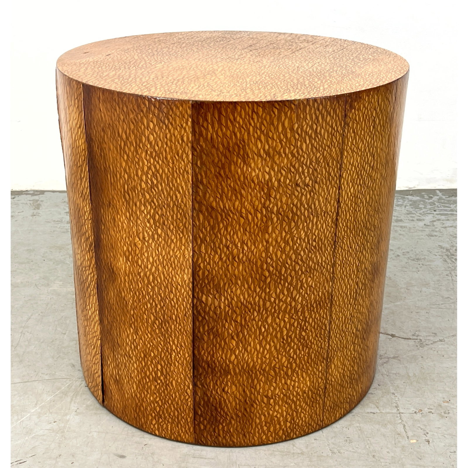 Exotic wood Veneer Drum Table.: Exotic wood Veneer Drum Table. Dimensions: Height: 24 inches, Width: 26 inches, Depth: 26 inches. --- - We offer curbside delivery for most items to NYC, Manhattan, Close Brooklyn, Hoboken about a wee