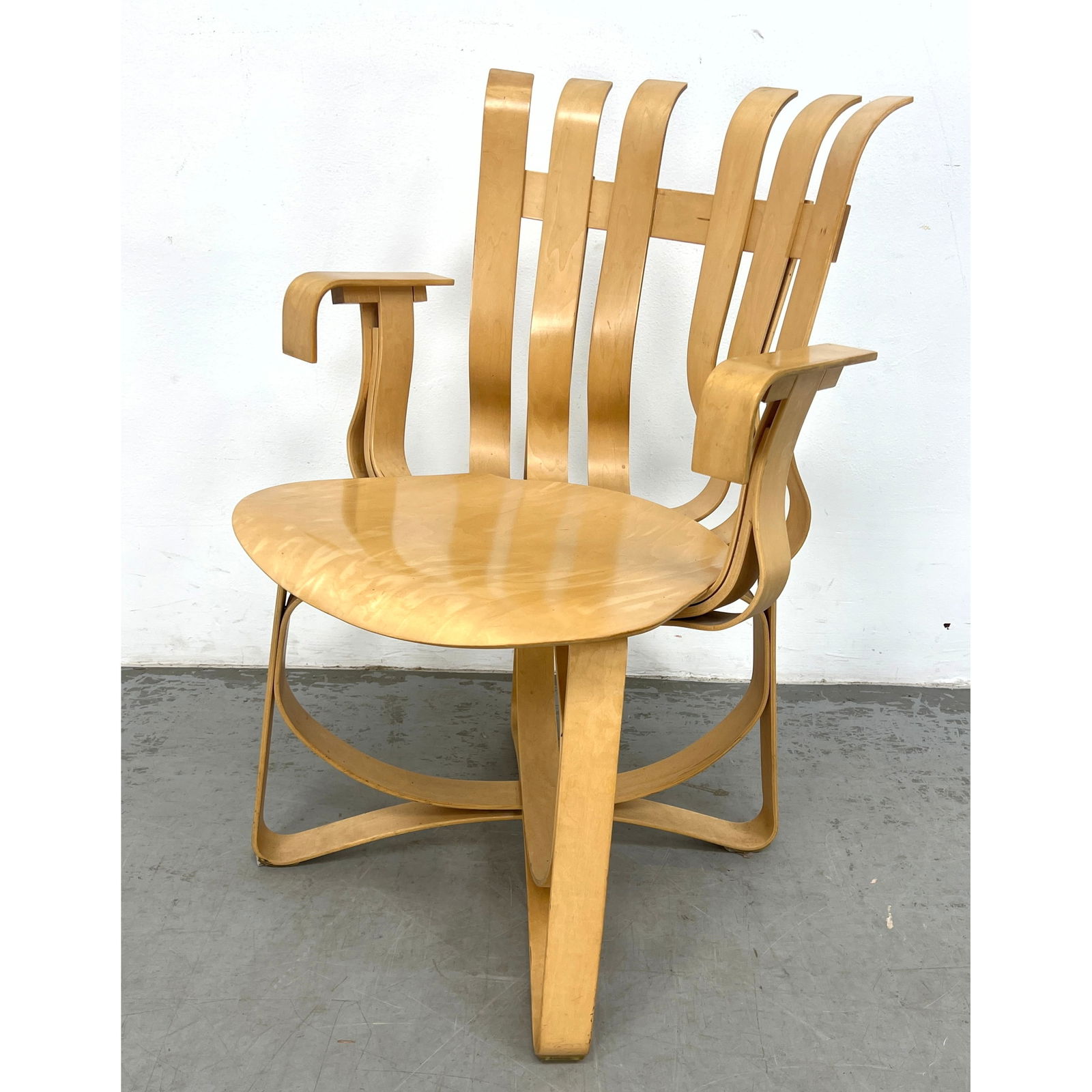 Frank Gehry Hat Trick Chair signed and dated 1995. Possibly first year of production. Knoll.: Frank Gehry Hat Trick Chair signed and dated 1995. Possibly first year of production. Knoll. Dimensions: Height: 34 inches, Width: 23 inches, Depth: 19 inches. - Seat Height: 18 inches --- - We offer