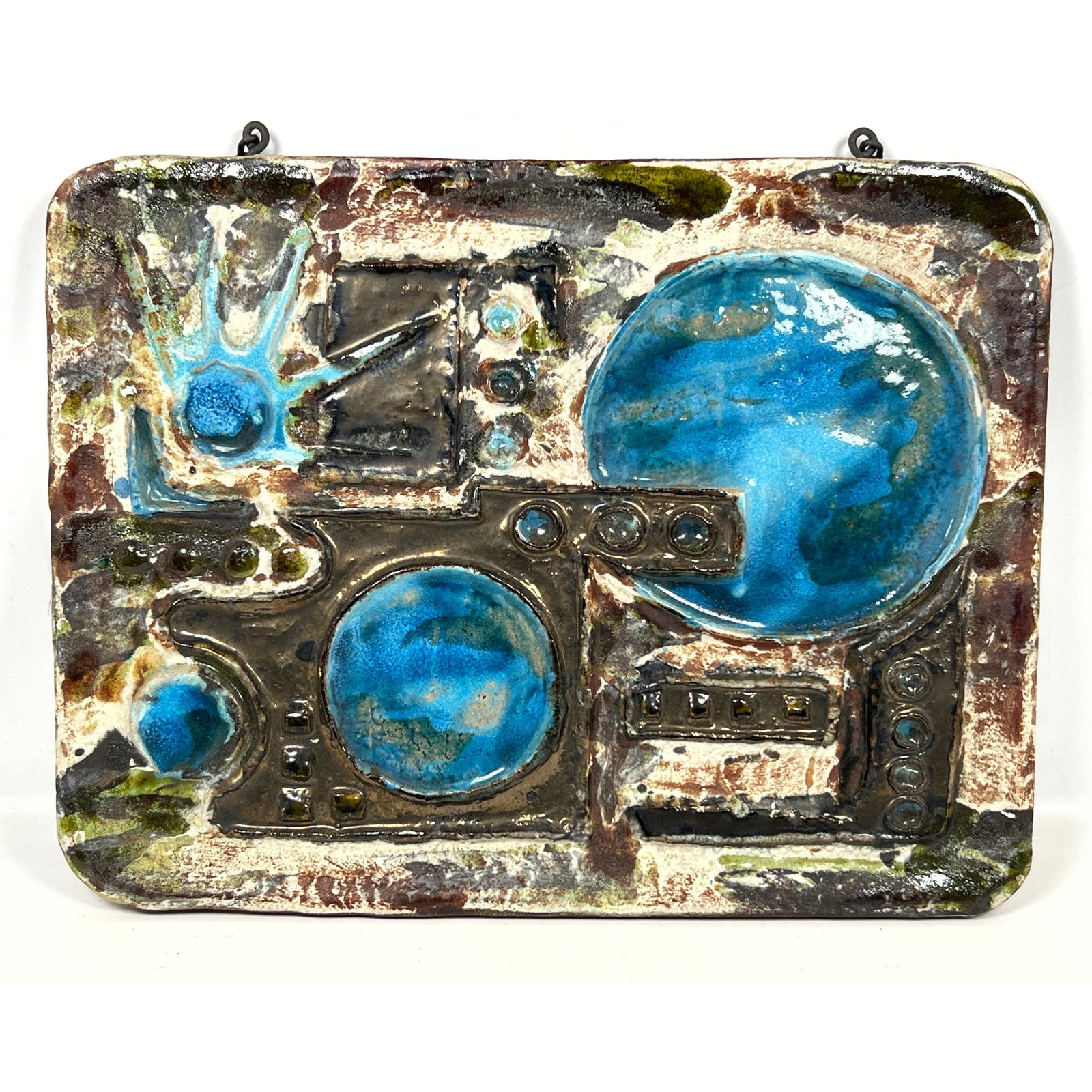 Mid Century Modern Dimensional Carved Pottery Plaque Anger. Unmarked. Iron Chain. Helmut Schaeffena (1 of 10)