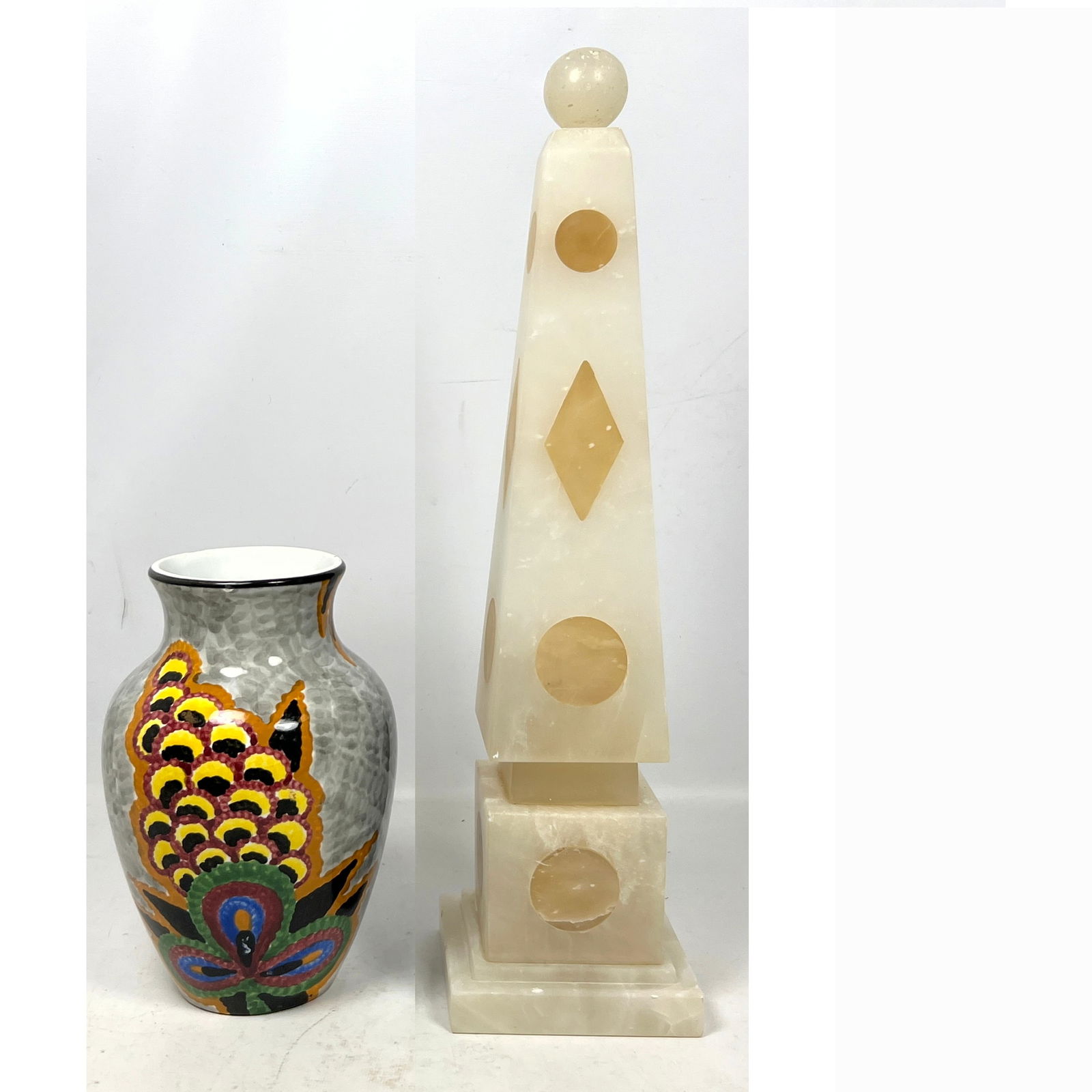 2pc Lot. Tall Italian Alabaster Obelisk Sculpture with inlay elements. Marked Italy. Schramberg Eva (1 of 13)
