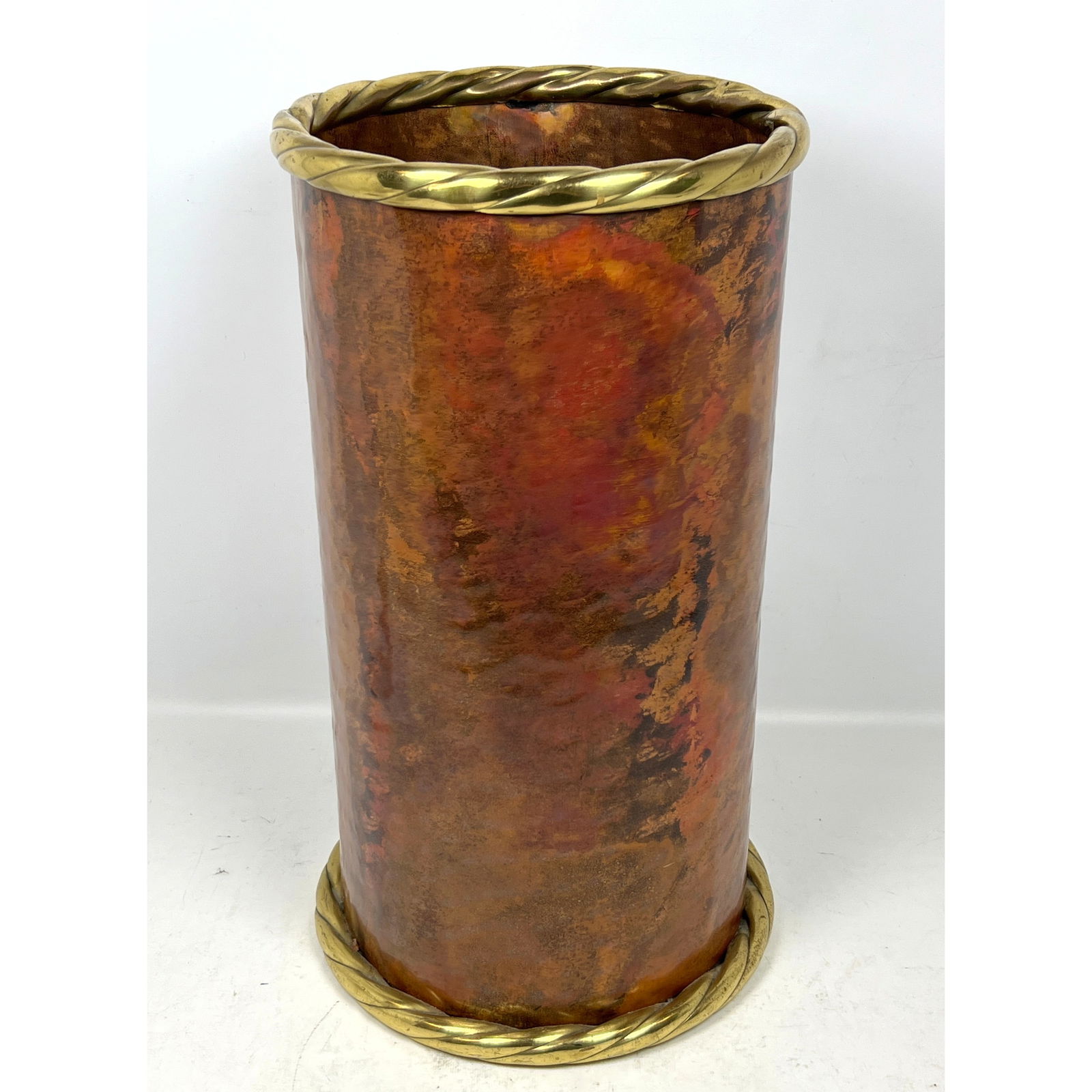 Italian Copper and Brass Umbrella Stand Floor Container. Obscured stamp to base. (1 of 10)