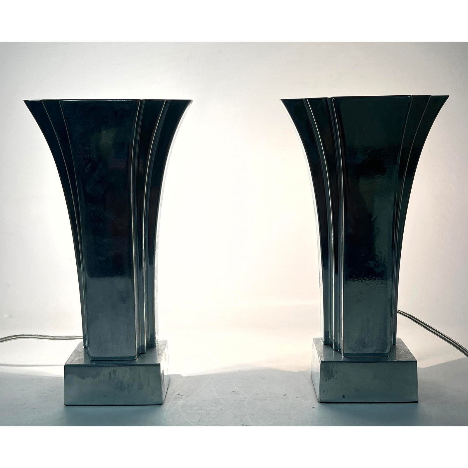 Modernist Flared Stepped Design Chrome Lamps. Dramatic Back Lit Art Deco style Table Lamps. (1 of 12)