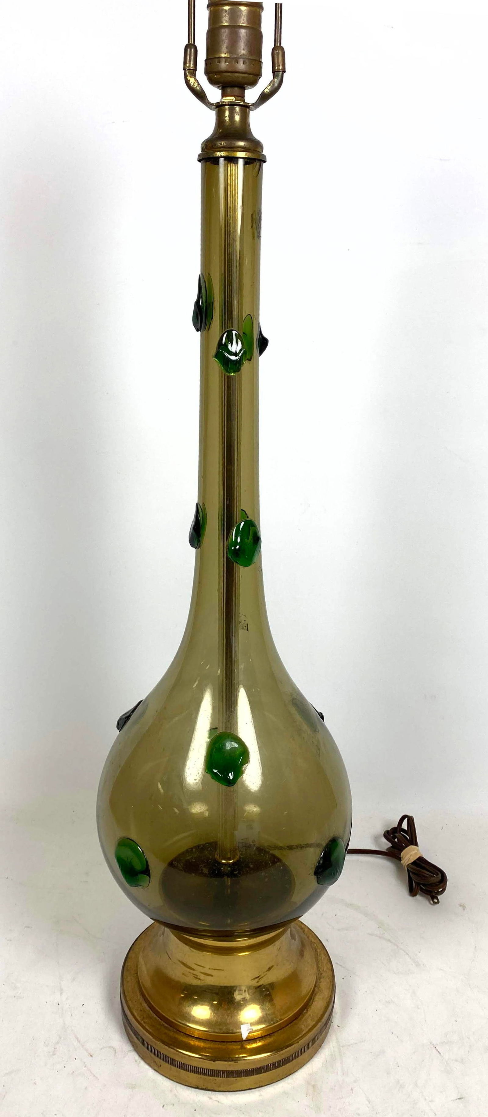 Italian Modern Art Glass Table Lamp. Tall Slender neck with applied Decorations. Brass base. Murano.: Italian Modern Art Glass Table Lamp. Tall Slender neck with applied Decorations. Brass base. Murano. Dimensions: Height: 29.25 inches, Width: 8 inches. --- US Packing and Shipping charge: In house shi