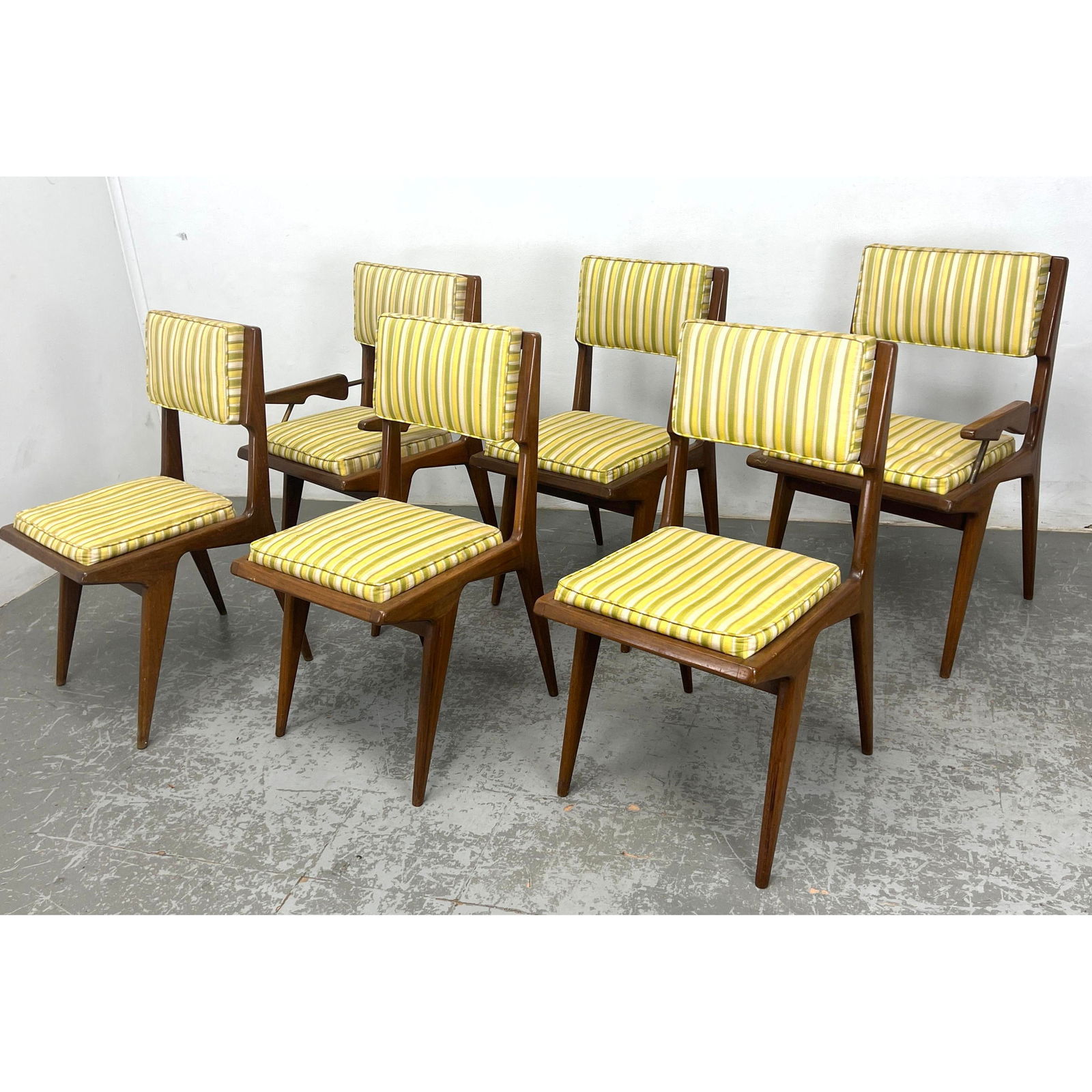 Set 6 Italian Modern style Walnut Dining Chairs. MCM American. Two Arm and 4 Side Chairs. Striped se (1 of 17)