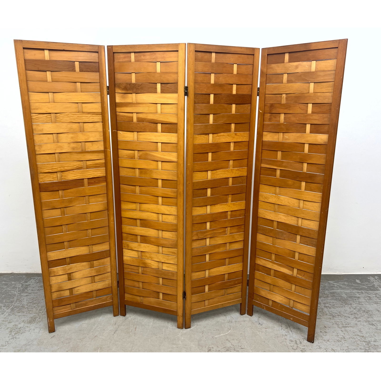 Four Panel Woven Wood Slat Folding Screen, Room Divider. Wood Frame. (1 of 11)