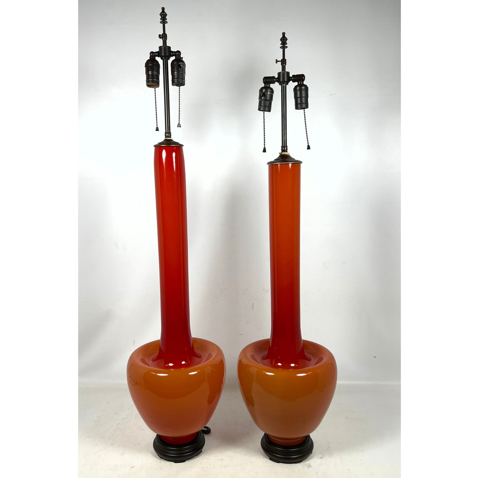 Pr Long Necked Art Glass Table Lamps. Italian Murano. Reddish. Modernist Lighting. Large dramatic de (1 of 12)