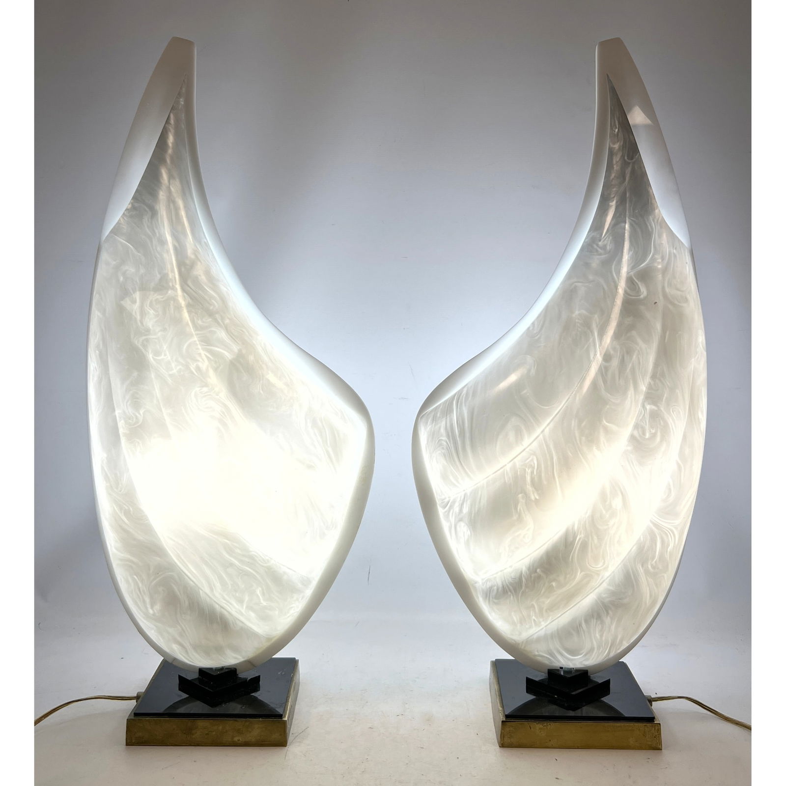 Pair of 2 Tone Rougier Acrylic 'Clam Shell' table lamps, have silver side and white side.  produced (1 of 16)