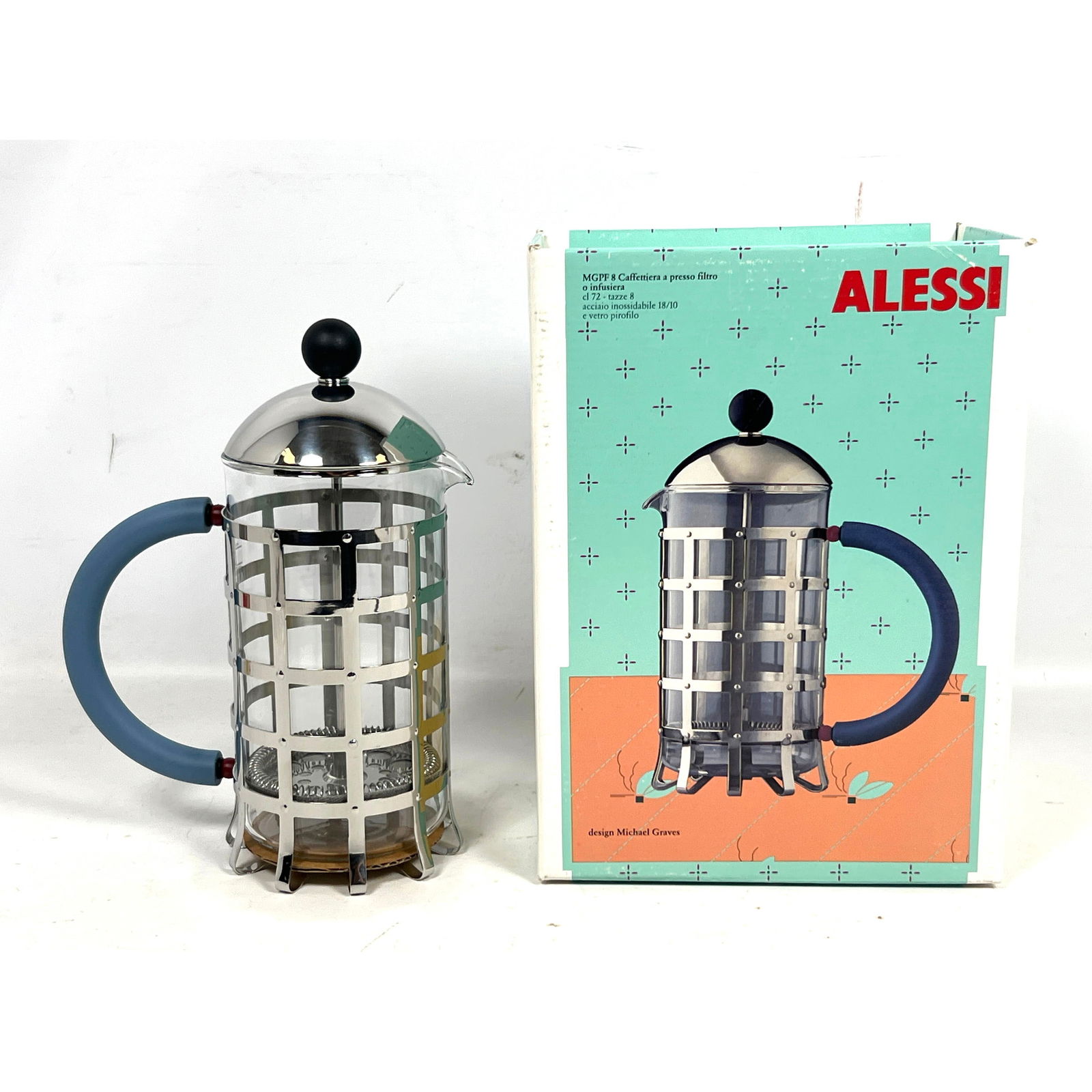 Michael Graves for Alessi (1989) MGPF press filter coffee maker 18/10 stainless steel, heat resist g: Michael Graves for Alessi (1989) MGPF press filter coffee maker 18/10 stainless steel, heat resist glass and polyamide handle 24 oz 8 cup H 9.5 D 3 .75 original packaging used for display only perfect