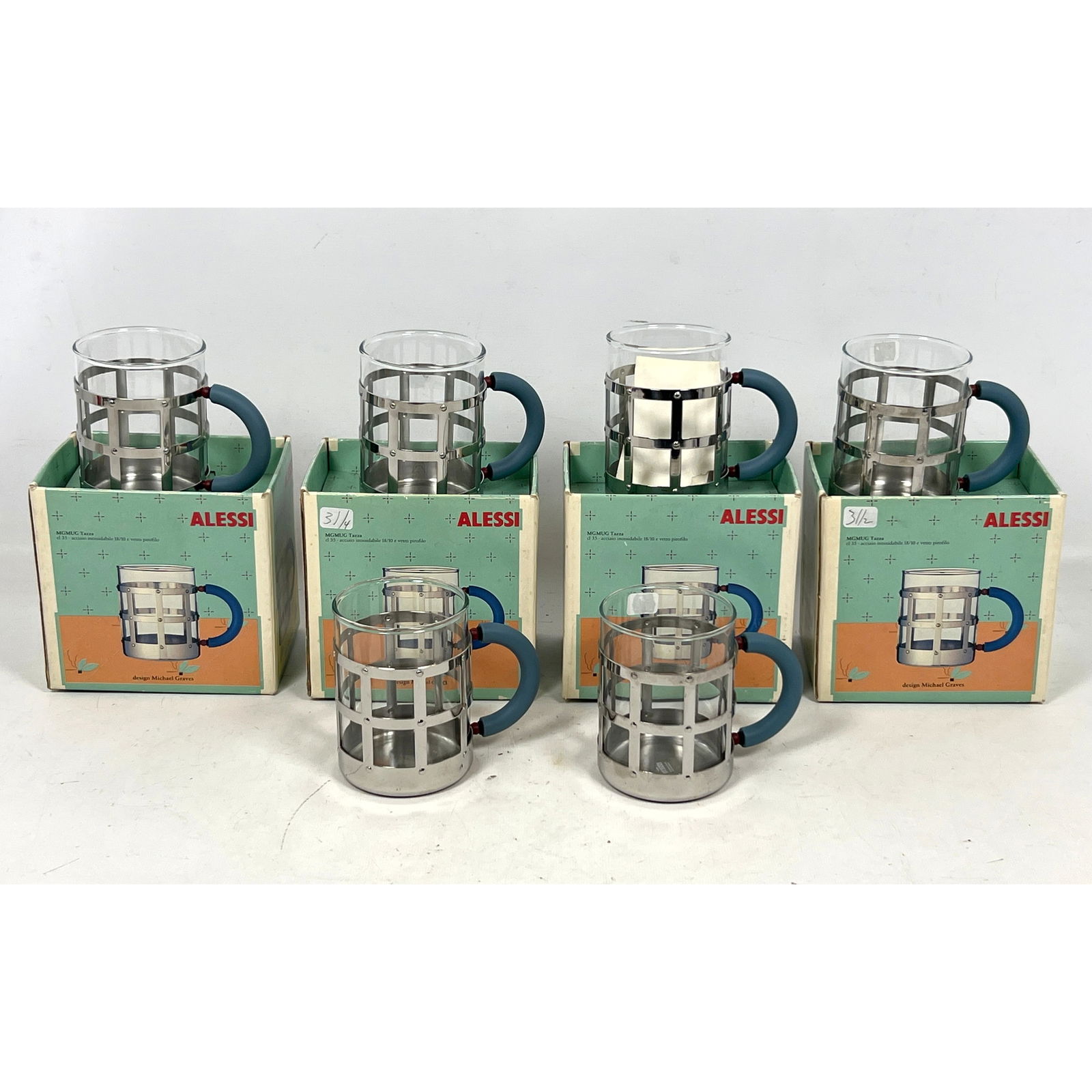 6pcs Michael Graves for 18/10 stainless steel, heat resist glass and polyamide handles 12oz. H 4 D 3: 6pcs Michael Graves for 18/10 stainless steel, heat resist glass and polyamide handles 12oz. H 4 D 3 4 w/original boxes 2 no box used in display All are perfect Dimensions: Height: 4 inches, Width: 3