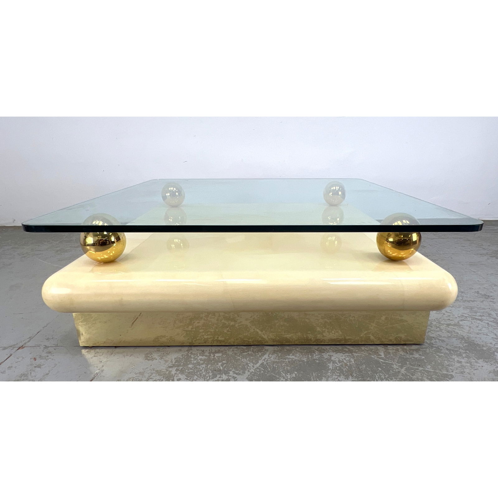 Karl Springer style Cocktail Coffee Table Dore Bronze Balls. Glass and Parchment. Unsigned. (1 of 9)